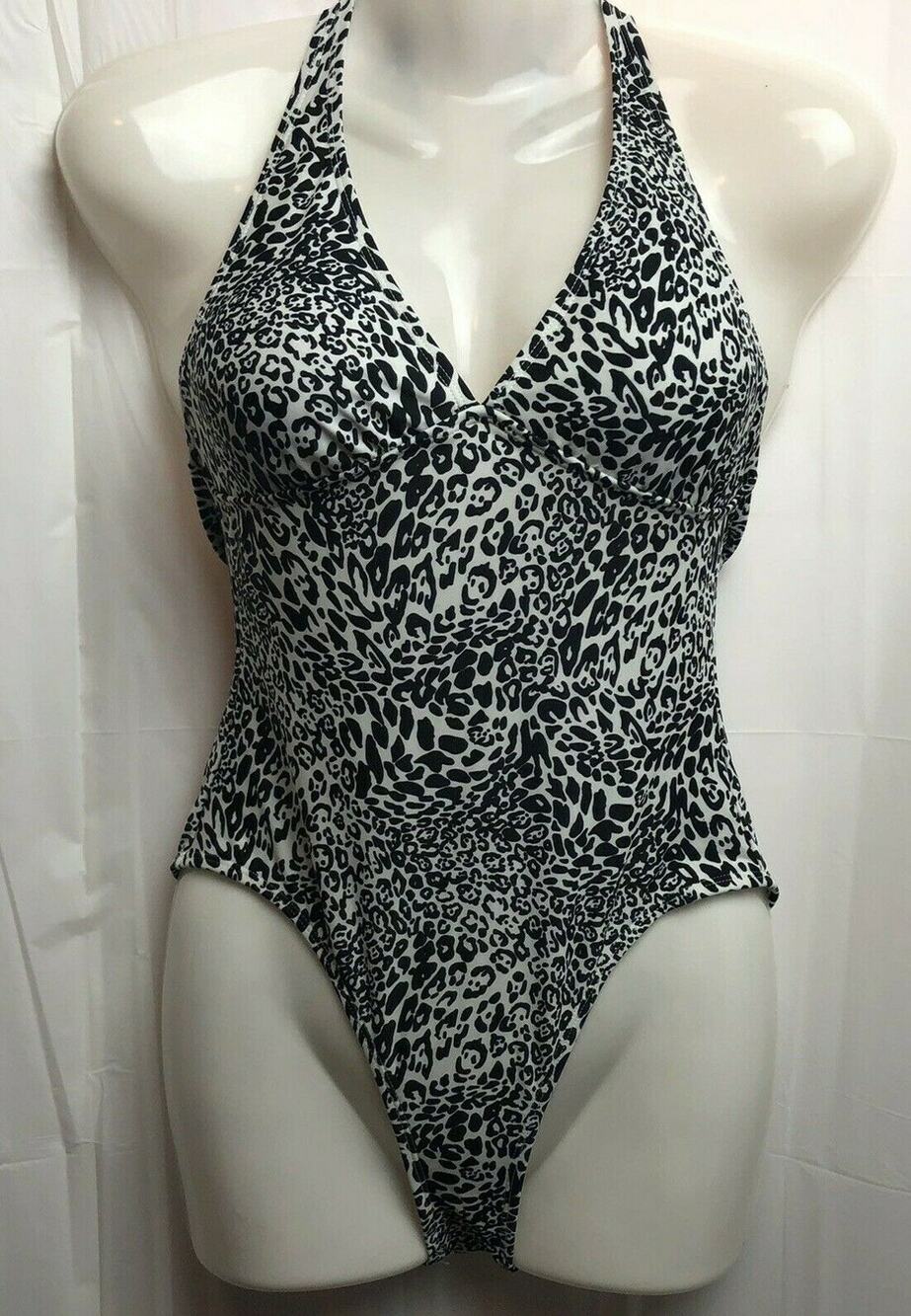 Old Navy One Piece Swimsuit Women XS Black White Animal Print Halter Padded